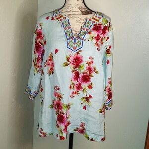 Linen Soft Surroundings Boho Bohemian Embroidered Floral Tunic BlouseSZ:…